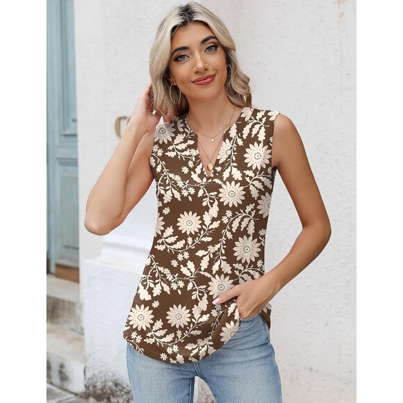Sleeveless Women's Tank Top Casual Summer Floral V Neck Lightweight - Picture 3 of 7